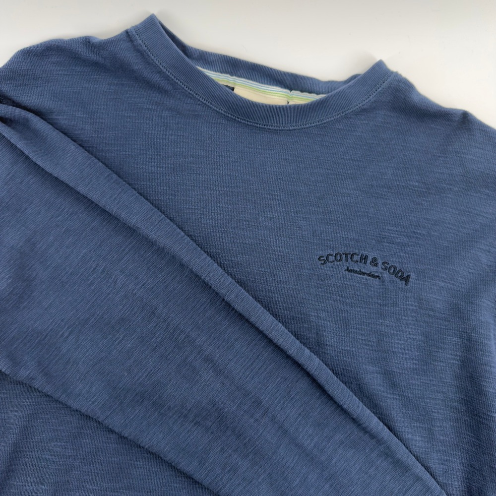 Scotch & Soda Amsterdam Mens Large Blue Slub Knit Long Sleeve Logo Tee